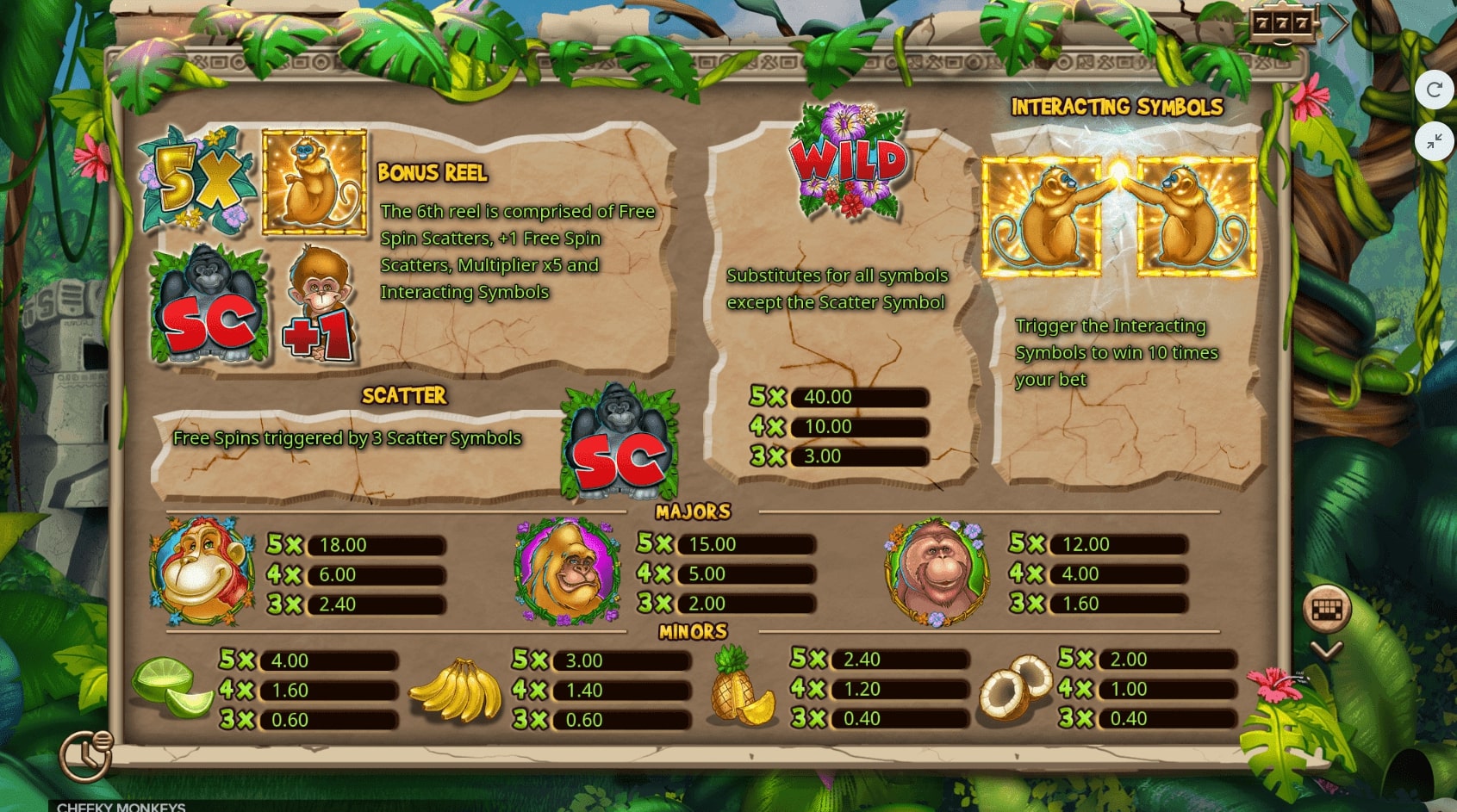 booming games cheeky monkeys online casino game slot scatter wild paytable win symbols